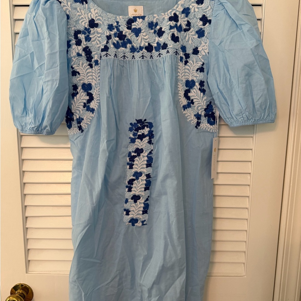 Light Blue Embroidered Puff-Sleeve Women's Dress